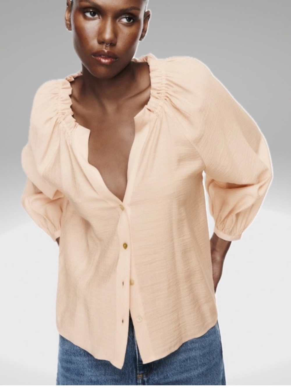 Zara Blouse Pink Balloon Sleeve Button Top Small